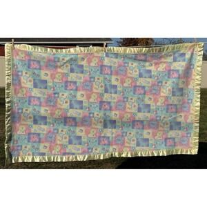 Vintage Satin Trim Baby Blanket Acrylic Pink Blue Yellow Animals Elephant Tiger